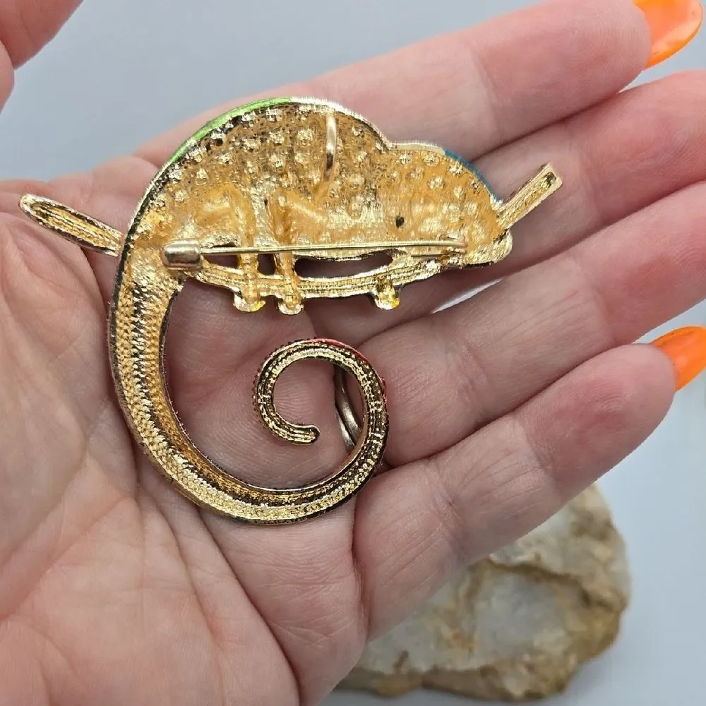 Colorful Chameleon Rhinestone Brooch Large Crystal Lizard Pin Statement Jewelry